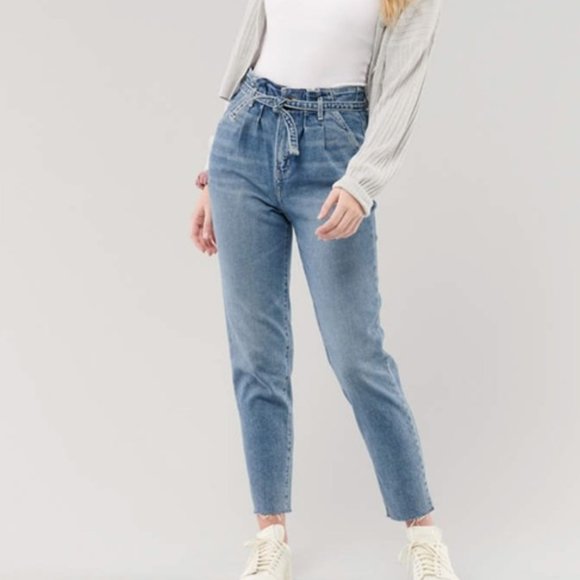Hollister Denim - Hollister Ultra High Rise Mom Paperbag Waist Belt Raw Hem Stretch Jeans 25 long